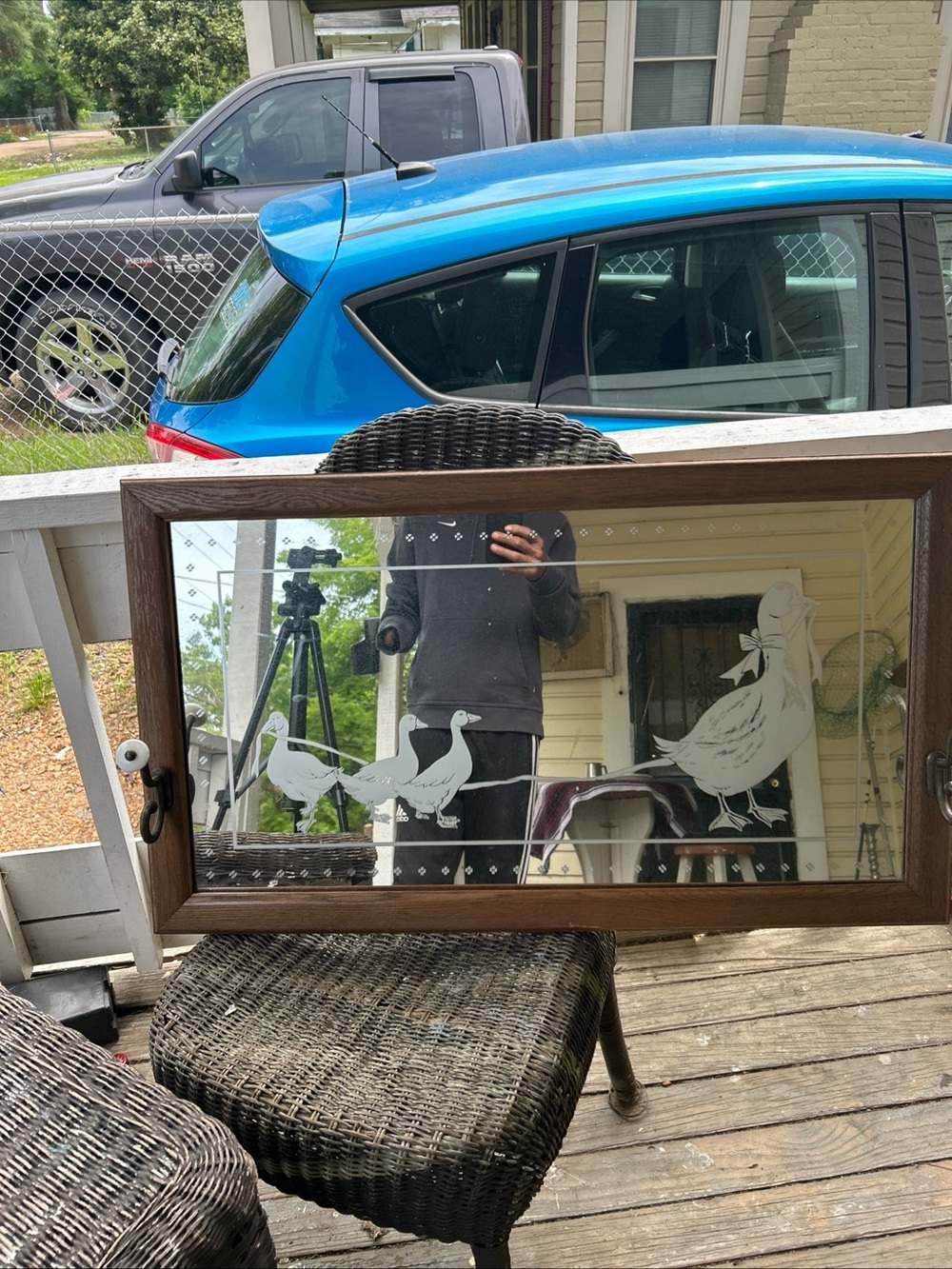 Vintage wood frame mother goose etched mirror  must upgraded shipping